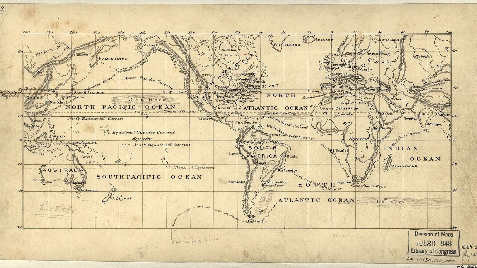 A hand-drawn nineteenth-century world map in pen and pencil on a ruled grid, showing the continents on a Mercator projection with ocean currents, wind arrows and place names written in.
