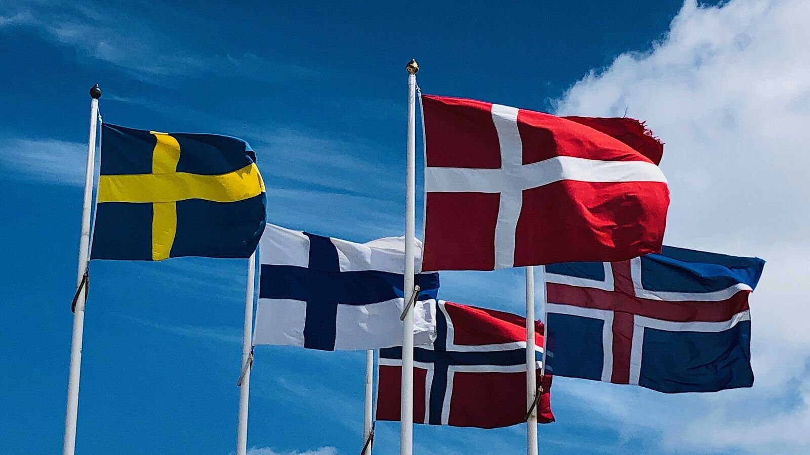 The flags of Sweden, Finland, Denmark, Norway and Iceland flying from separate white poles against a blue sky with scattered cloud