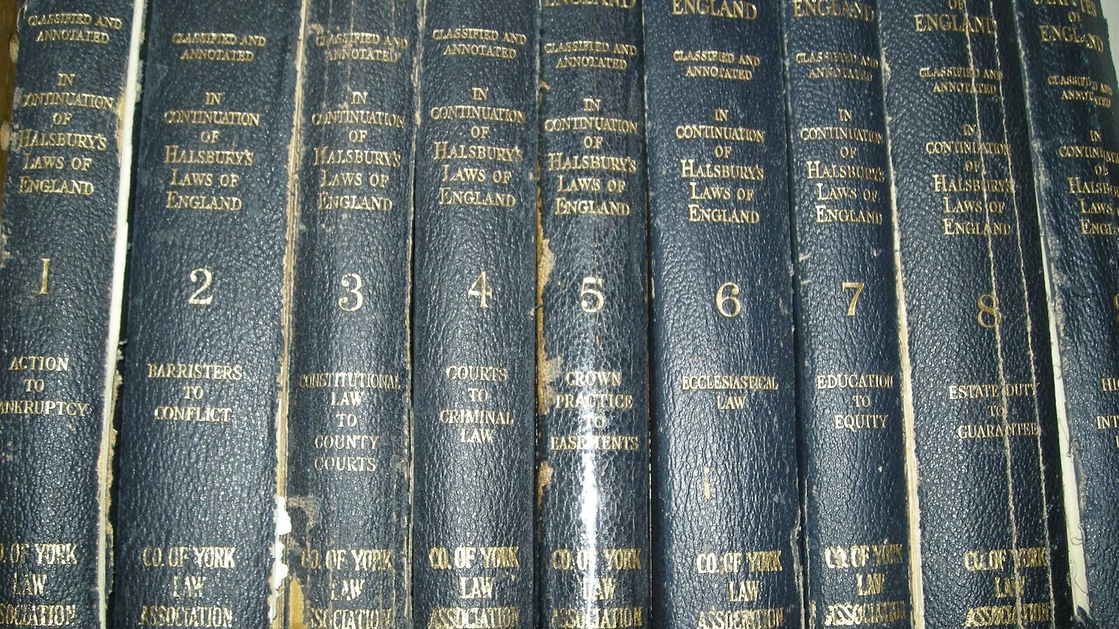 A close-up of a shelf of worn dark leather-bound legal volumes, numbered one to nine, each spine lettered in gold with the subject range it covers.