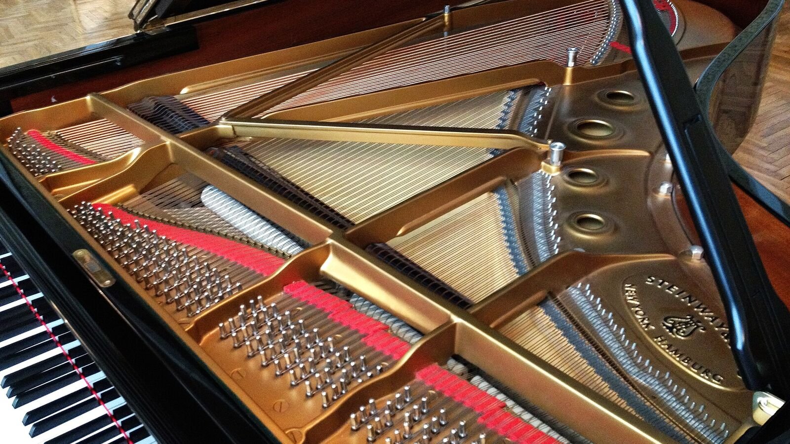 The open interior of a Steinway grand piano seen from above, showing the gold cast-iron plate, the crossing steel strings, rows of tuning pins with red felt, and part of the keyboard at the left.